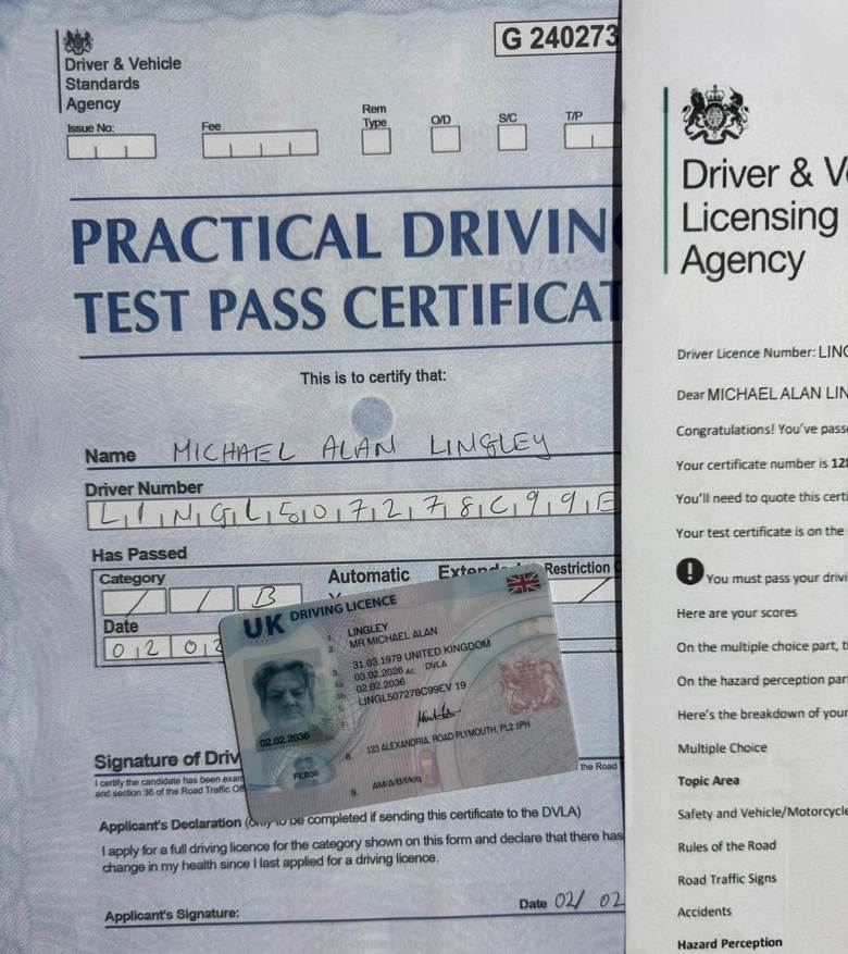 Practical driving test pass certificate and UK driving licence photocard